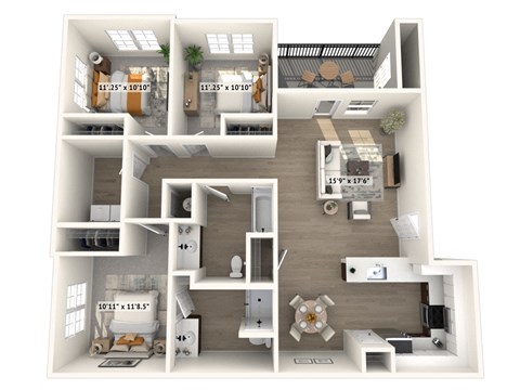 Floor plan for 3 beds, 2 baths, 1230 sqft